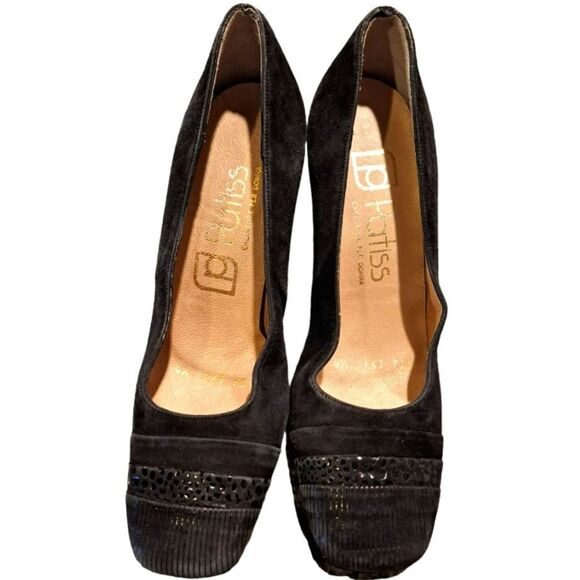 Patiss black suede square toe heels pumps vintage retro party 60s 70s size 7.5 - Picture 1 of 7